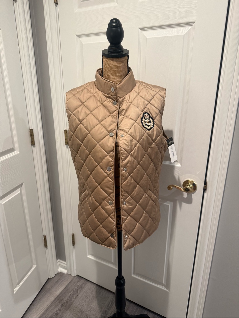 Ralph Lauren Quilted Tan Sleeveless Vest with Crest Patch